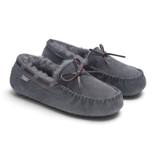 Women's Grey Genuine Sheepskin Moccasin Winter Slippers - Aspen