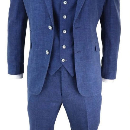 Mens 3 Piece Blue Linen Summer Spring Classic Suit