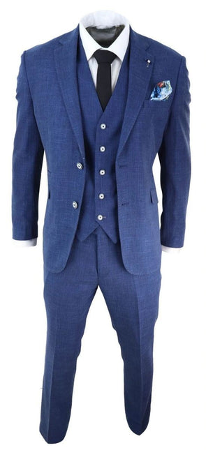 Mens 3 Piece Blue Linen Summer Spring Classic Suit