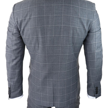 Mens Grey Suit 3 Piece Check Vintage Retro Smart Wedding Classic Tailored Fit
