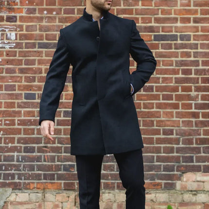 Men's Black Stand Collar Wool Blend Overcoat