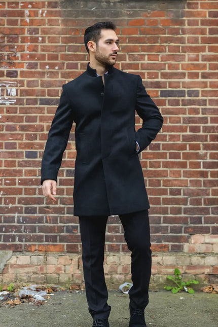 Men's Black Stand Collar Wool Blend Overcoat