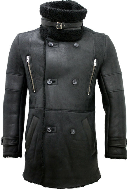 Mens Double Breasted Sheepskin Reefer Coat-Candon