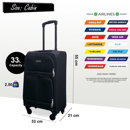 Soft Shell Lightweight Cabin Suitcase 55 x 33 x 21 cm Luggage Suitable for Easyjet, Ryanair