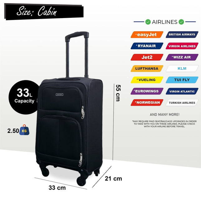 Soft Shell Lightweight Cabin Suitcase 55 x 33 x 21 cm Luggage Suitable for Easyjet, Ryanair