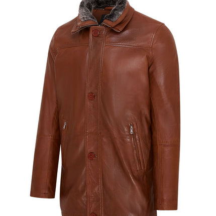 Mens Leather Jacket Classic Trench Coat with Removable Collar Mid Length Warm Overcoat