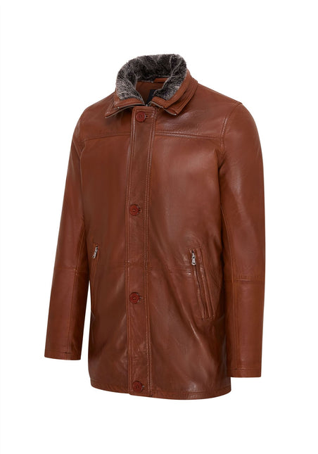 Mens Leather Jacket Classic Trench Coat with Removable Collar Mid Length Warm Overcoat