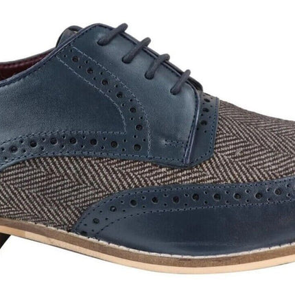Mens Classic Oxford Navy Brogue Derby Shoes In Tan Leather