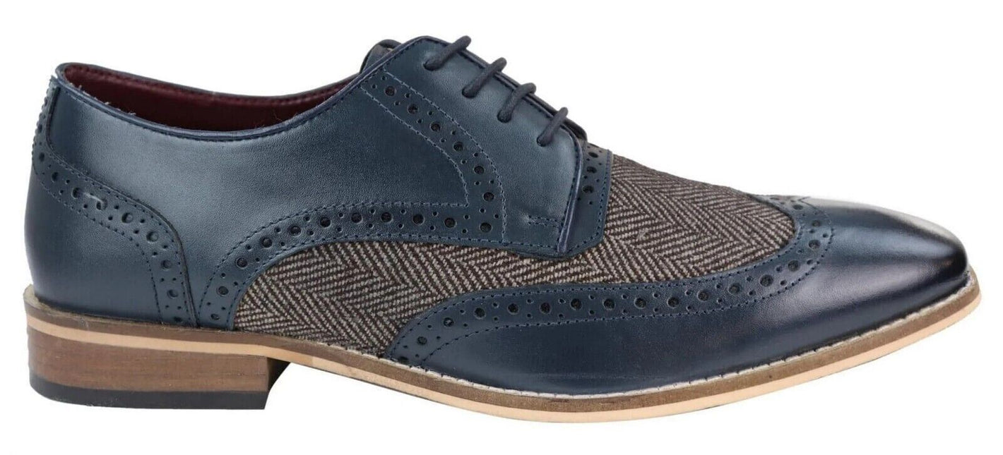Mens Classic Oxford Navy Brogue Derby Shoes In Tan Leather