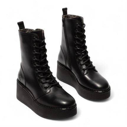 Fly London Womens Black Hait273 Leather Lace-Up Chunky Platform Ankle Boots
