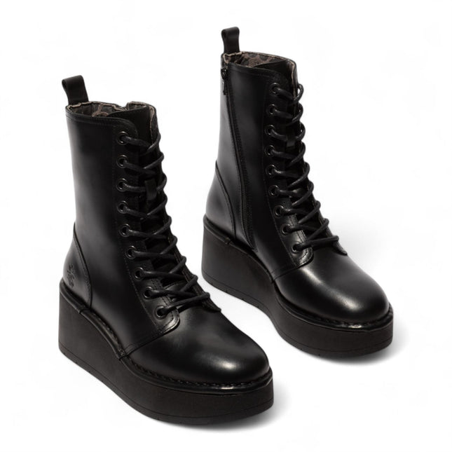 Fly London Womens Black Hait273 Leather Lace-Up Chunky Platform Ankle Boots