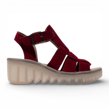 Fly London Women's BAIC621FLY Berry Red Suede Leather Wedge Sandals