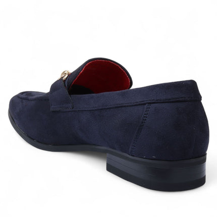 Men's Navy Suede Loafers with Gold Buckle Slip-On Dress Shoes