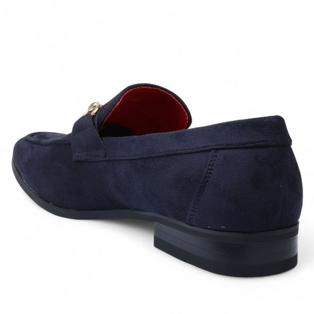 Men's Navy Suede Loafers with Gold Buckle Slip-On Dress Shoes