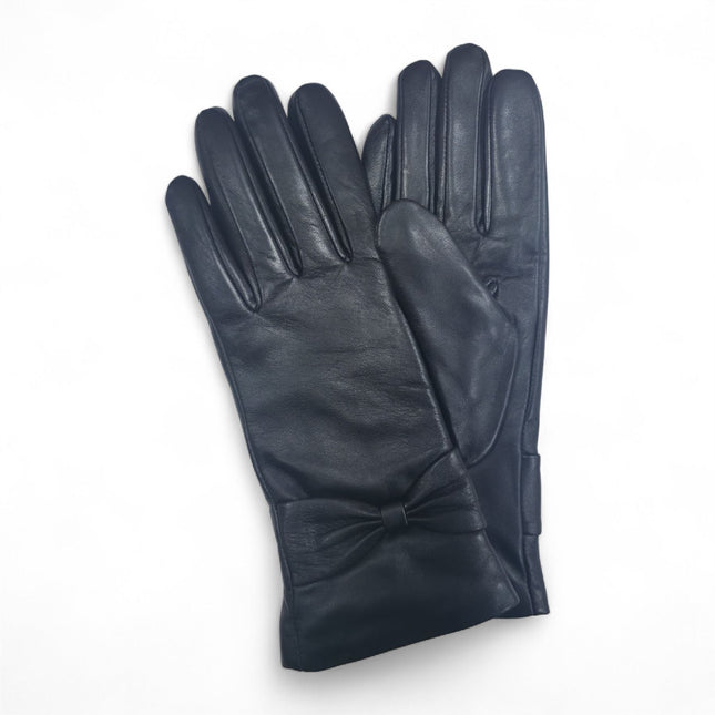 Womens Black Italian Leather Winter Bow Design Soft Wool Lining Gloves - L-GLV-401