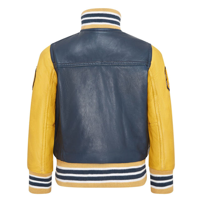 Kids Blue Letterman Leather Varsity College Bomber Jacket