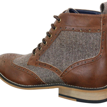 Mens Classic Tweed Oxford Ankle Boots In Brown Leather