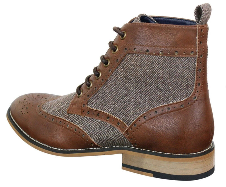 Mens Classic Tweed Oxford Ankle Boots In Brown Leather