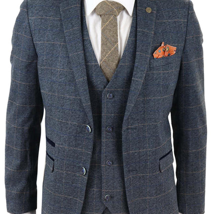 Mens 3 Piece Blue Tweed Check Vintage Suit