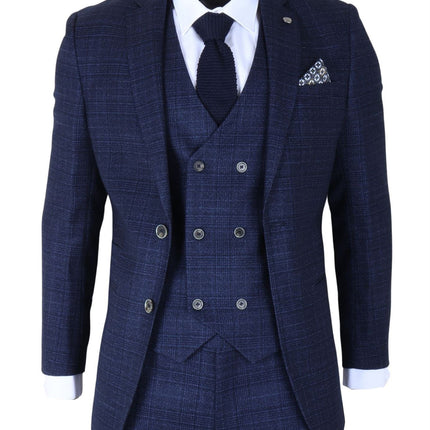 Men's Blue Plain Check 3 Piece Slim Fit Formal Wedding Suit