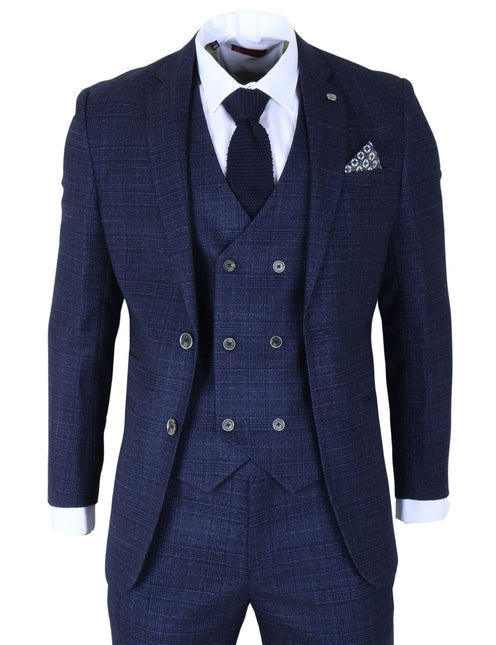 Men's Blue Plain Check 3 Piece Slim Fit Formal Wedding Suit