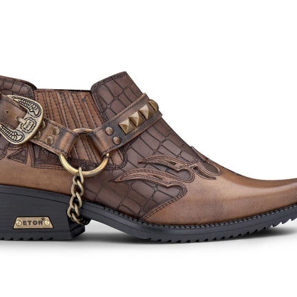 Men’S Tan Croc Leather Winklepicker Studded Western Biker Boots