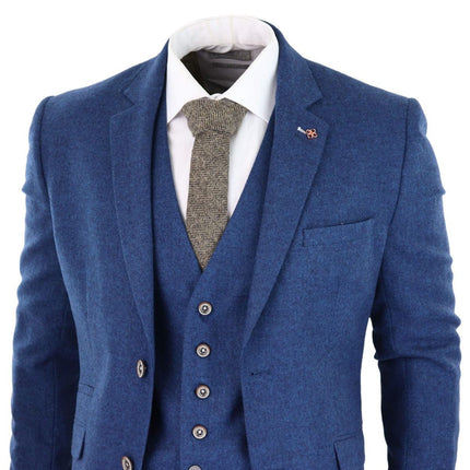 Mens 3 Piece Blue Tweed Wool Twill Vintage Classic Suit