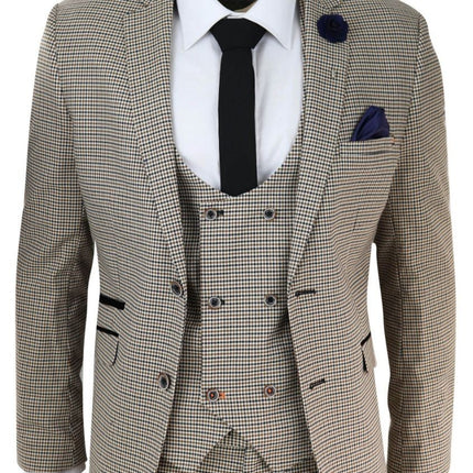 Mens 3 Piece Beige Check Retro Vintage Classic Suit