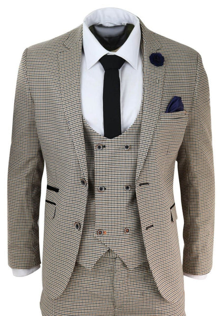 Mens 3 Piece Beige Check Retro Vintage Classic Suit