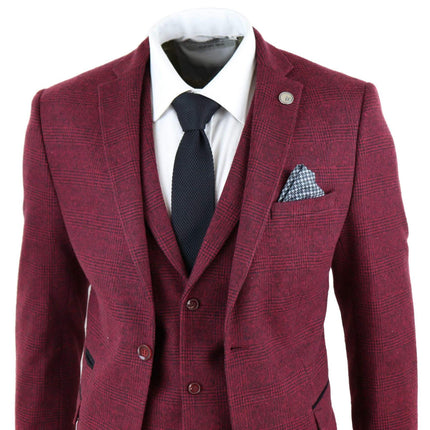 Mens 3 Piece Tweed Suit Wool Burgundy Black 1920s Authentic 1920s Blinders Suit Retro Classic