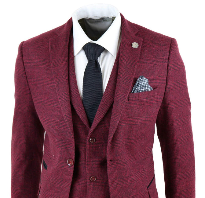 Mens 3 Piece Tweed Suit Wool Burgundy Black 1920s Authentic 1920s Blinders Suit Retro Classic
