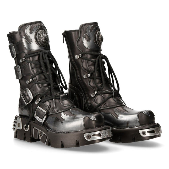 New Rock Flame Accented Black/Silver Leather Boots -591-S2