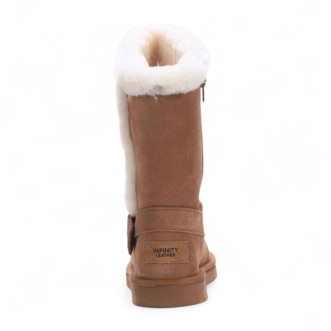 Women's Genuine Sheepskin Tan Brown Suede Calf Winter Warm Boots - Redwood