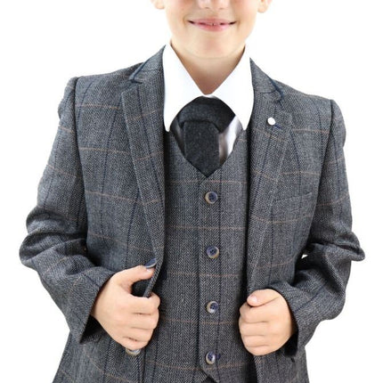 Boys 3 Piece Charcoal Grey Herringbone Tweed Check Classic  Suit