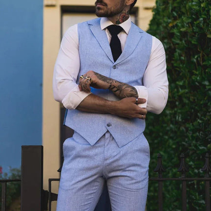 Men's Summer 2 Piece Suit Linen Formal Blue Waistcoat Trousers