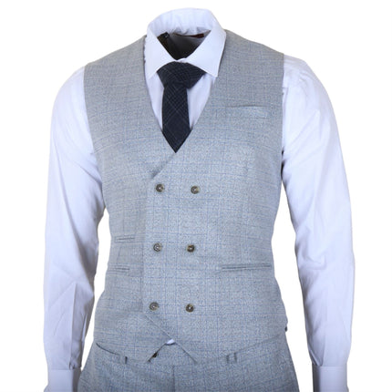 Men's Light Blue Plain Check 3 Piece Slim Fit Formal Wedding Suit