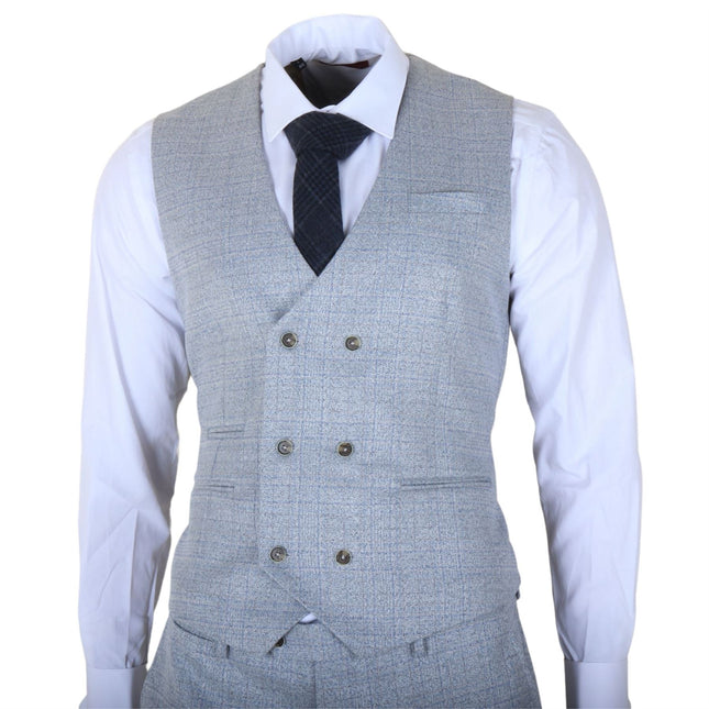 Men's Light Blue Plain Check 3 Piece Slim Fit Formal Wedding Suit
