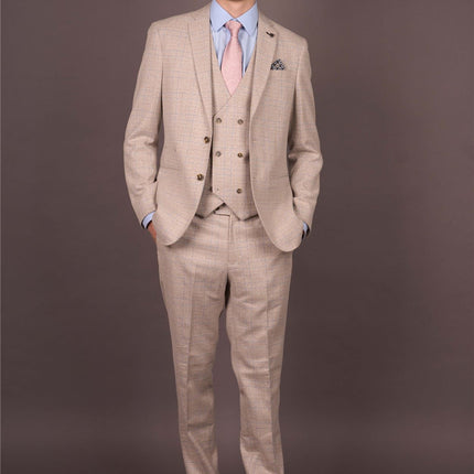 Men's Cream Plain Check 3 Piece Slim Fit Formal Wedding Suit