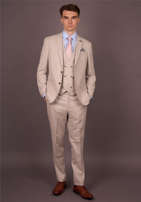 Men's Cream Plain Check 3 Piece Slim Fit Formal Wedding Suit