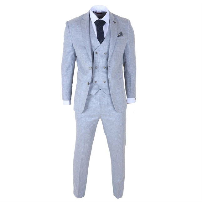 Men's Light Blue Plain Check 3 Piece Slim Fit Formal Wedding Suit