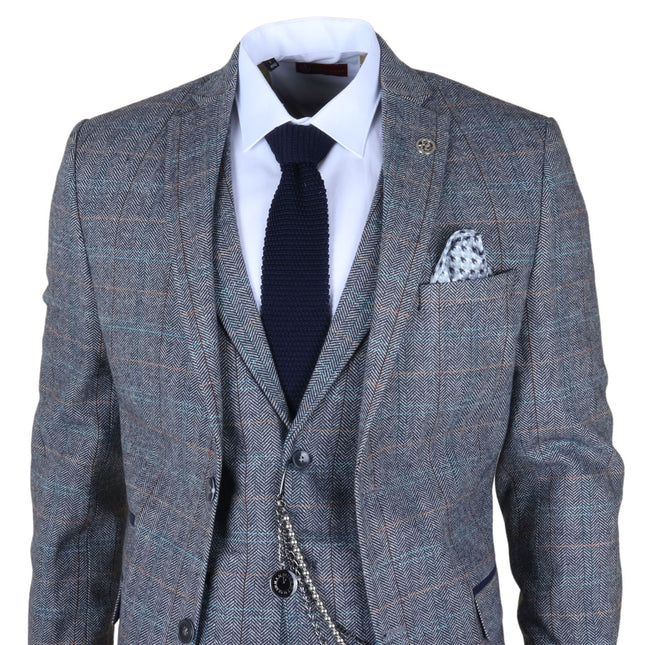 Men's Light Blue Grey Check Tweed 3-Piece Suit Vintage Pattern Tailored Fit Woollen Suit