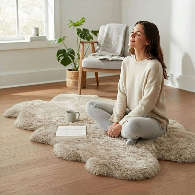 Genuine Sheepskin Cream Quad Natural Fluffy Silky Soft Real Wool Rug