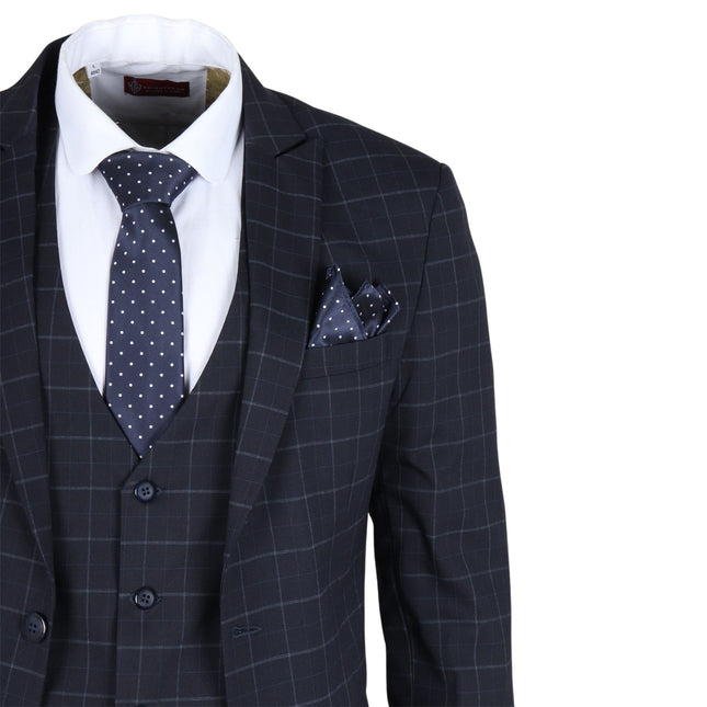 Men's Navy Checked 3 Piece Suit Tailored Fit