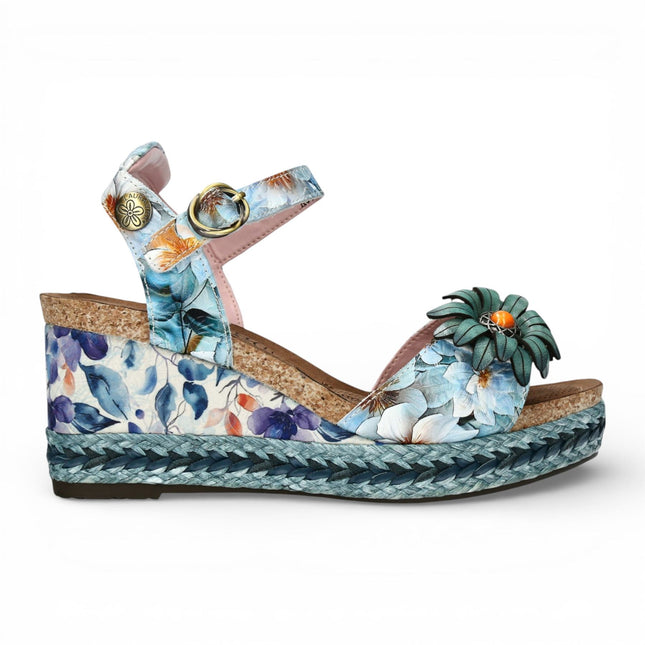 Laura Vita Women's Facyo 75 Blue Floral Leather Wedge Espadrille Sandals