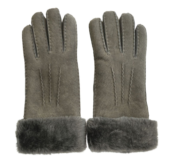 Infinity Leather Womens Grey Sheepskin Suede Gloves with Fur Cuff