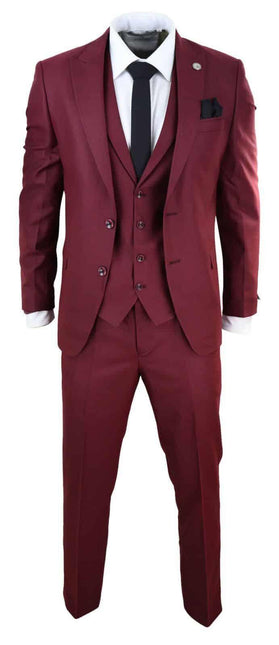 New Mens 3 Piece Suit Plain wine Classic Tailored Fit Smart Casual 1920s Formal