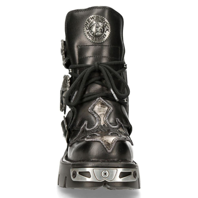 New Rock Silver Cross Black Leather Biker Boots - 407-S1