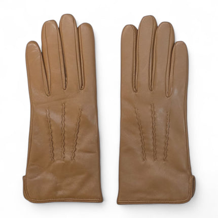 Womens Tan Brown Italian Leather Winter Stitch Line Design Soft Wool Lining Gloves - L-GLV-301