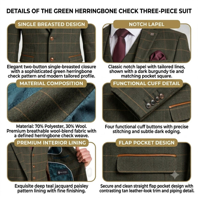 Men's Green 3 Piece Wool Blend Tweed Suit - Harris