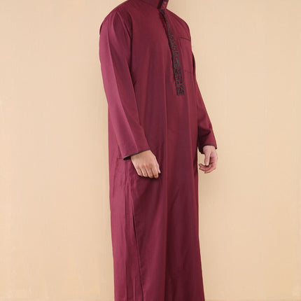 Mens Wine Thobe Jubba Emirati Islamic Arabic Eid Embroidery Kaftan Jubbah Robe